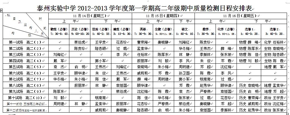 泰州實驗中學2012-2013學年度第一學期高二年級期中質量檢測日程安排表