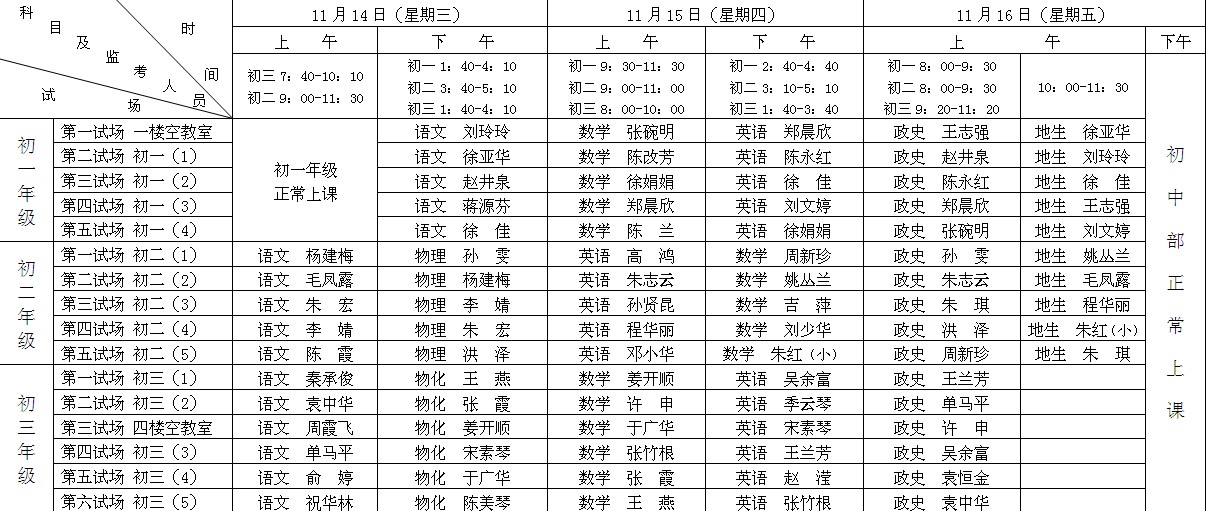 泰州實(shí)驗(yàn)中學(xué)2012-2013學(xué)年度第一學(xué)期初中部期中檢測(cè)日程安排表