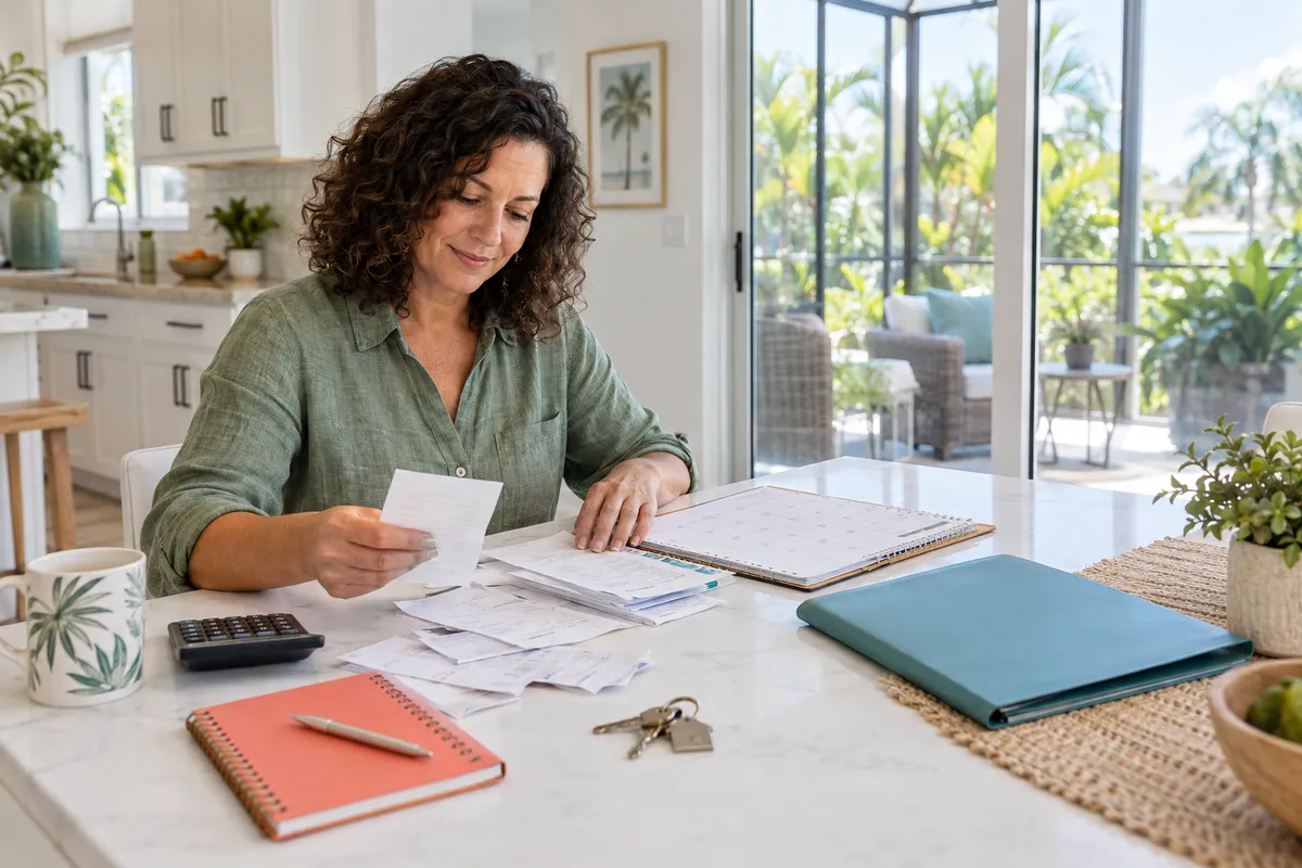 A woman organizing receipts beside a calendar, calculator, and teal folder at a bright kitchen table.