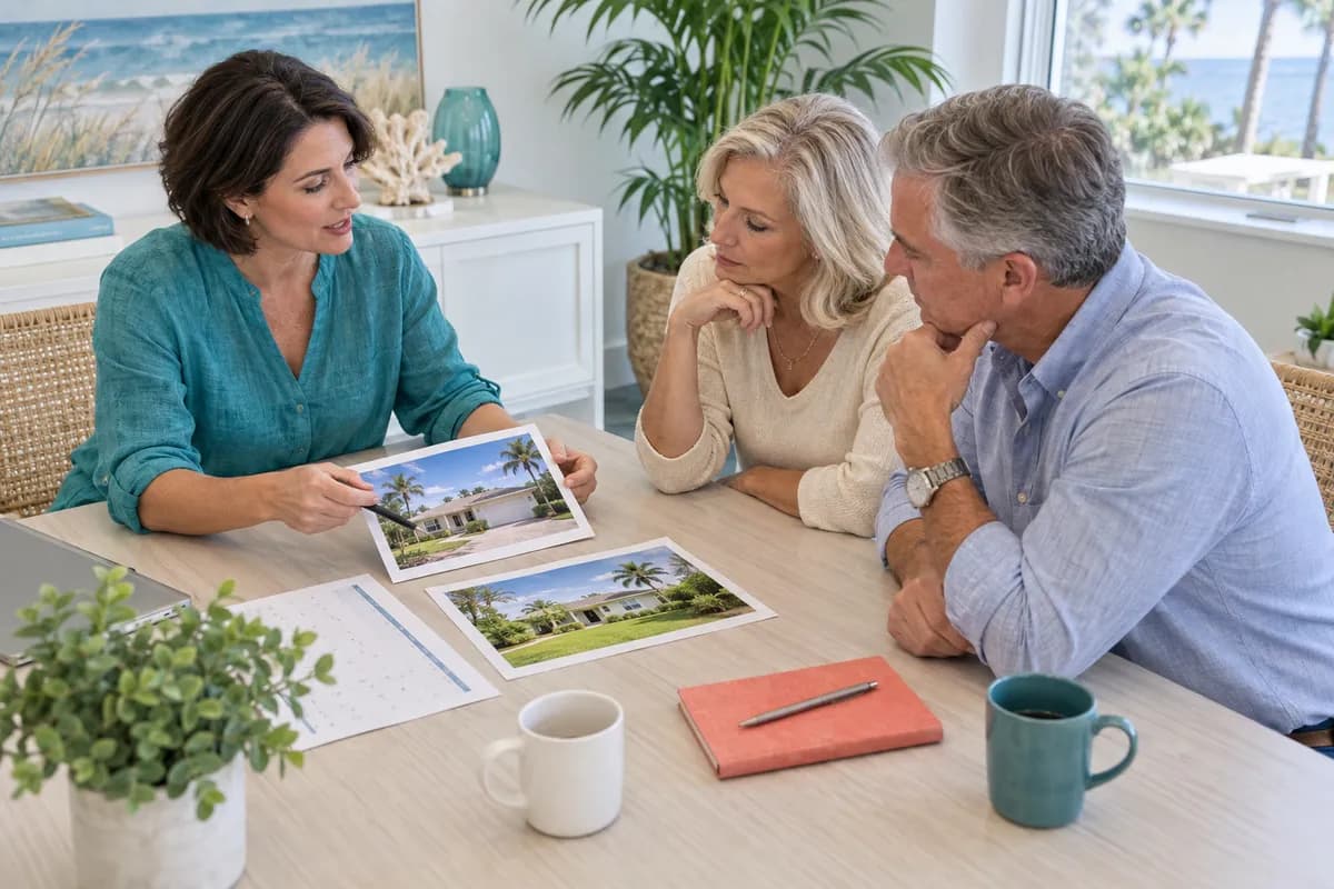 Three adults comparing printed home photographs and a calendar during a property-planning meeting.