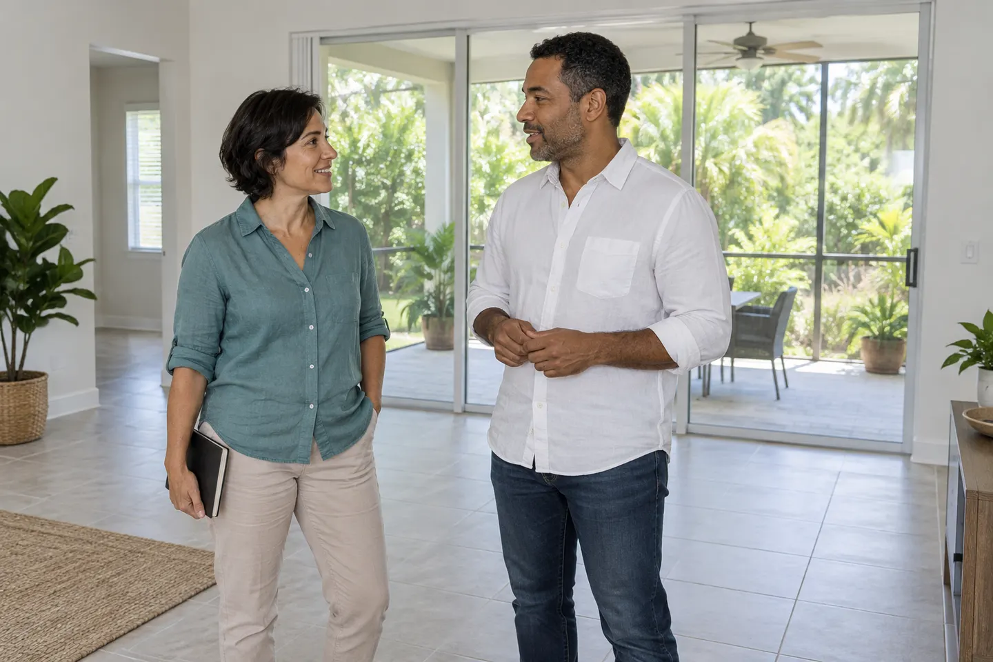 Two adults discussing a bright living room beside sliding doors to a screened patio.
