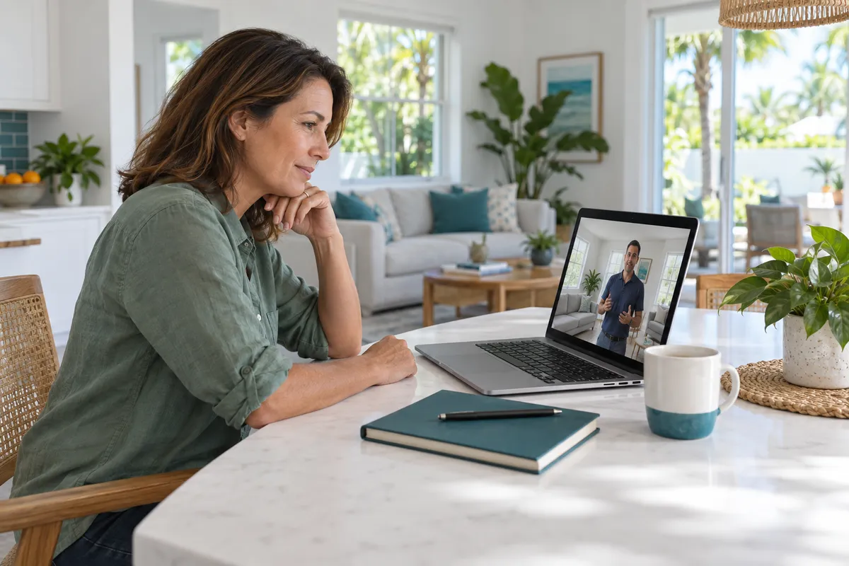A woman talking with a home professional over a laptop video call at a bright kitchen table.
