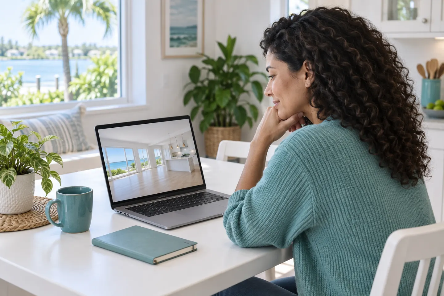 A woman reviewing an interior home photograph on a laptop at her kitchen table.